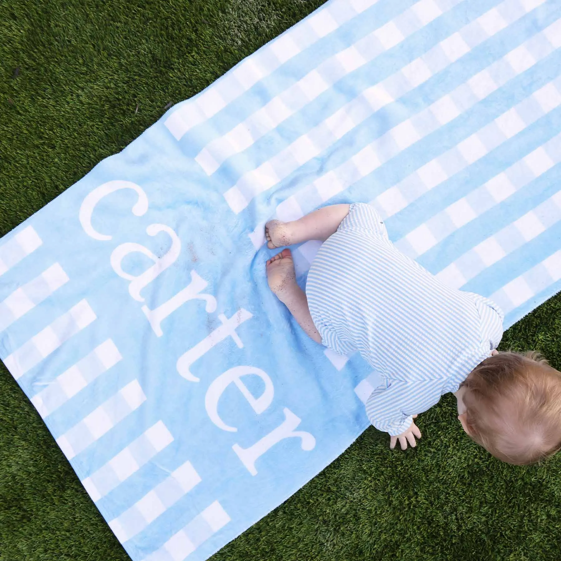 Blue Seersucker Personalized Kids Beach Towel